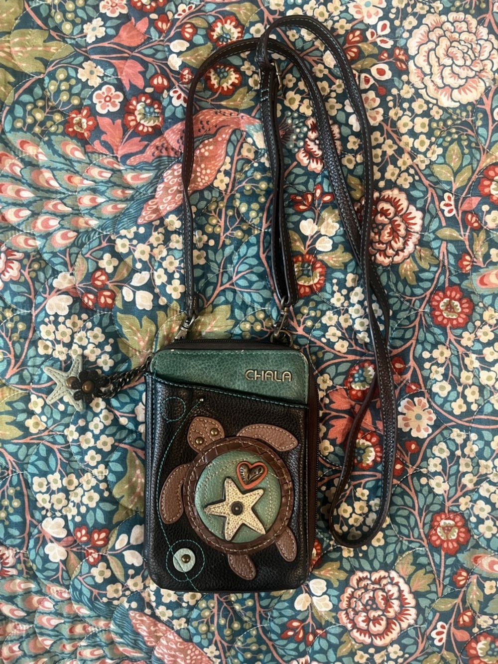 Chala Teal & Brown Turtle Crossbody Wallet